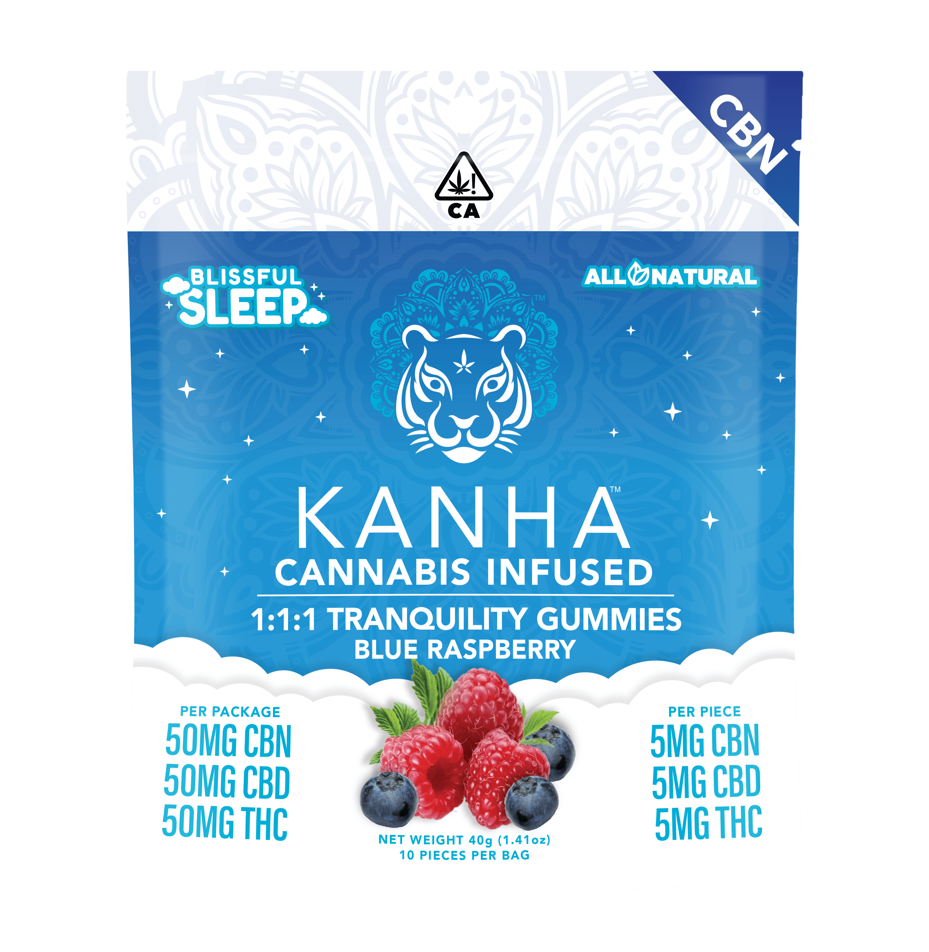 Tranquility Blue Raspberry | 1:1:1 THC:CBD:CBN Gummies