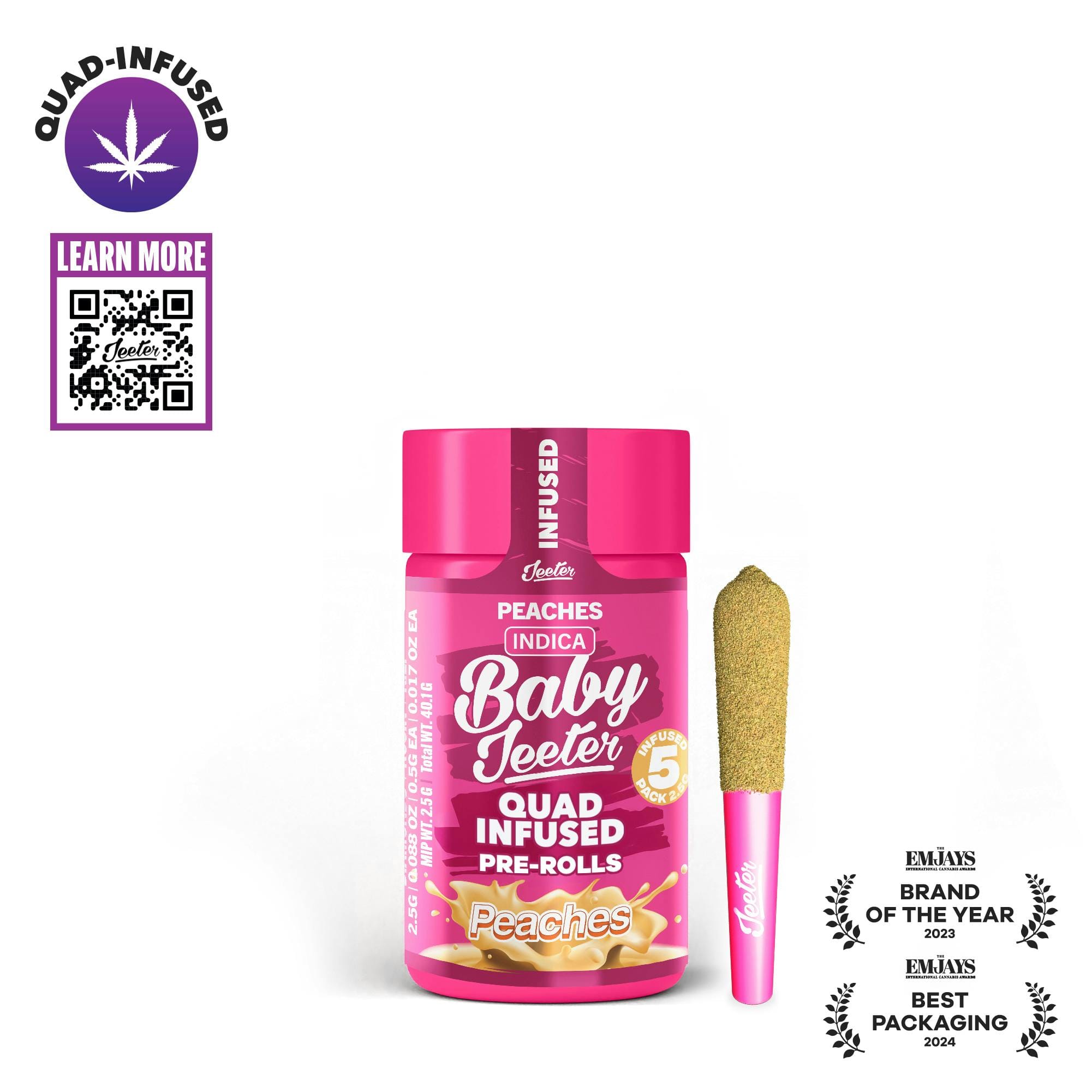 Peaches | 2.5g | .5g x 5 Baby Jeeter Rosin Infused Preroll Pack