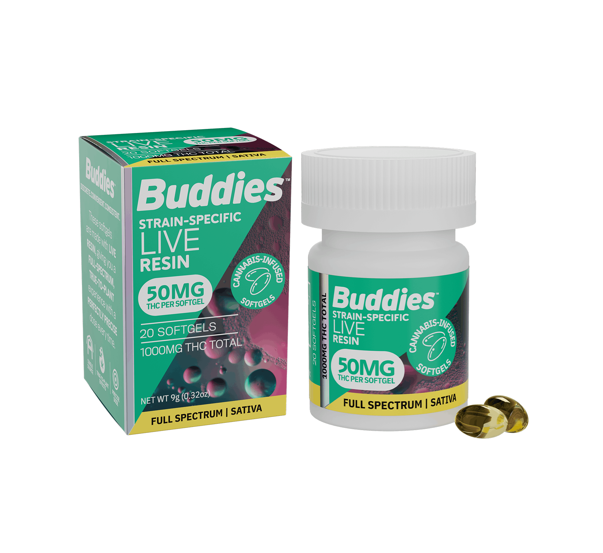 Buddies Brand — Sativa - 50mg - 20ct - 1000mg Live Resin Softgels
